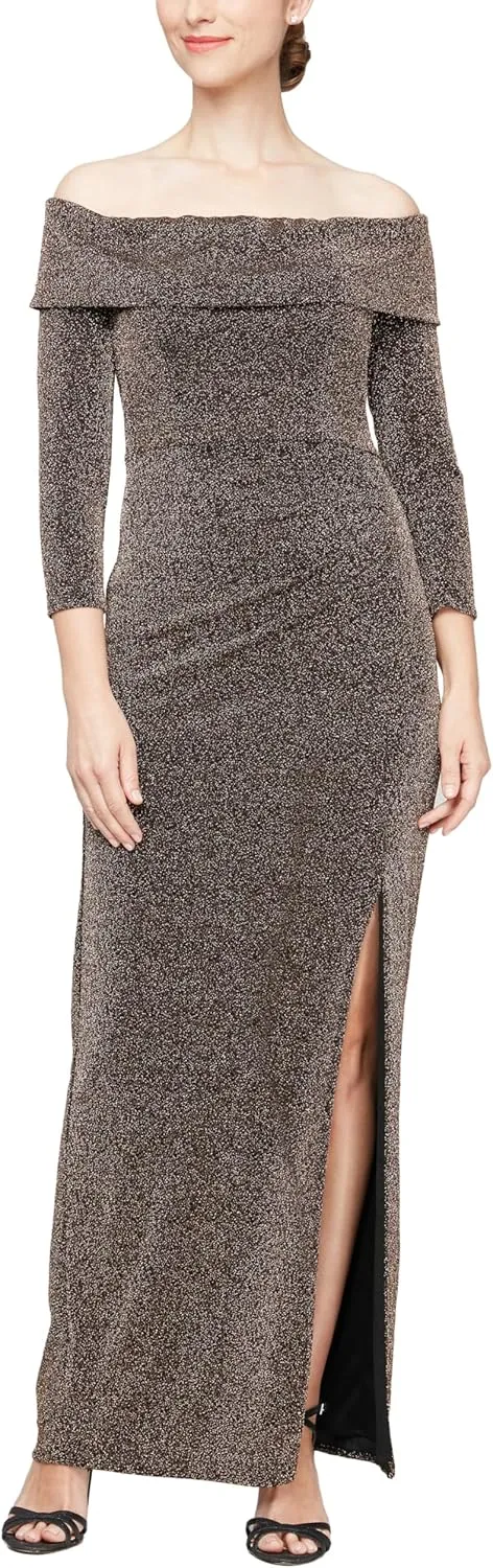 Alex Evenings Women's Long Foldover Off The Shoulder Gown, Formal Event, Mother of The Bride Dress