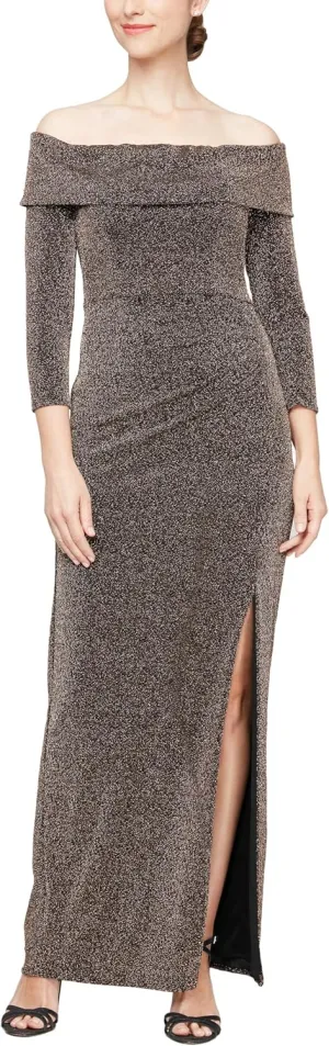 Alex Evenings Women's Long Foldover Off The Shoulder Gown, Formal Event, Mother of The Bride Dress