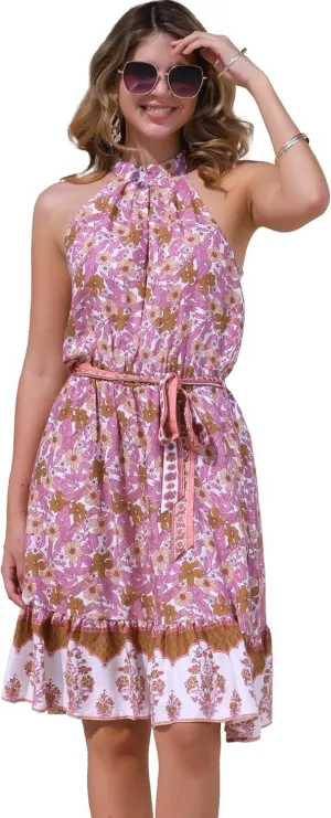 Allegra K Summer Dress 2025 for Women's Easter Halter Neck Sundress Belted Sleeveless Floral Boho Dress