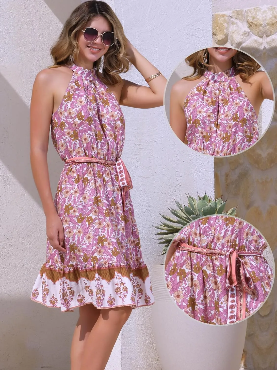 Allegra K Summer Dress 2025 for Women's Easter Halter Neck Sundress Belted Sleeveless Floral Boho Dress