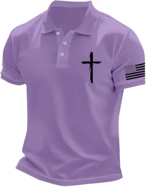 American Flag Polo Shirt for Men 2025 4th of July Christian Cross USA Flag Tees Patriotic Tops Faith Jesus T Shirts