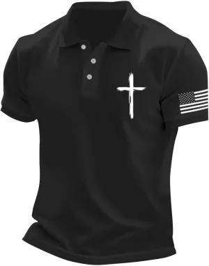 American Flag Polo Shirt for Men 2025 4th of July Christian Cross USA Flag Tees Patriotic Tops Faith Jesus T Shirts