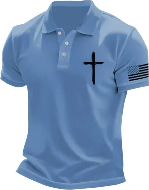 American Flag Polo Shirt for Men 2025 4th of July Christian Cross USA Flag Tees Patriotic Tops Faith Jesus T Shirts