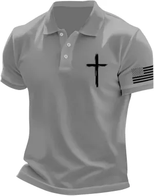 American Flag Polo Shirt for Men 2025 4th of July Christian Cross USA Flag Tees Patriotic Tops Faith Jesus T Shirts