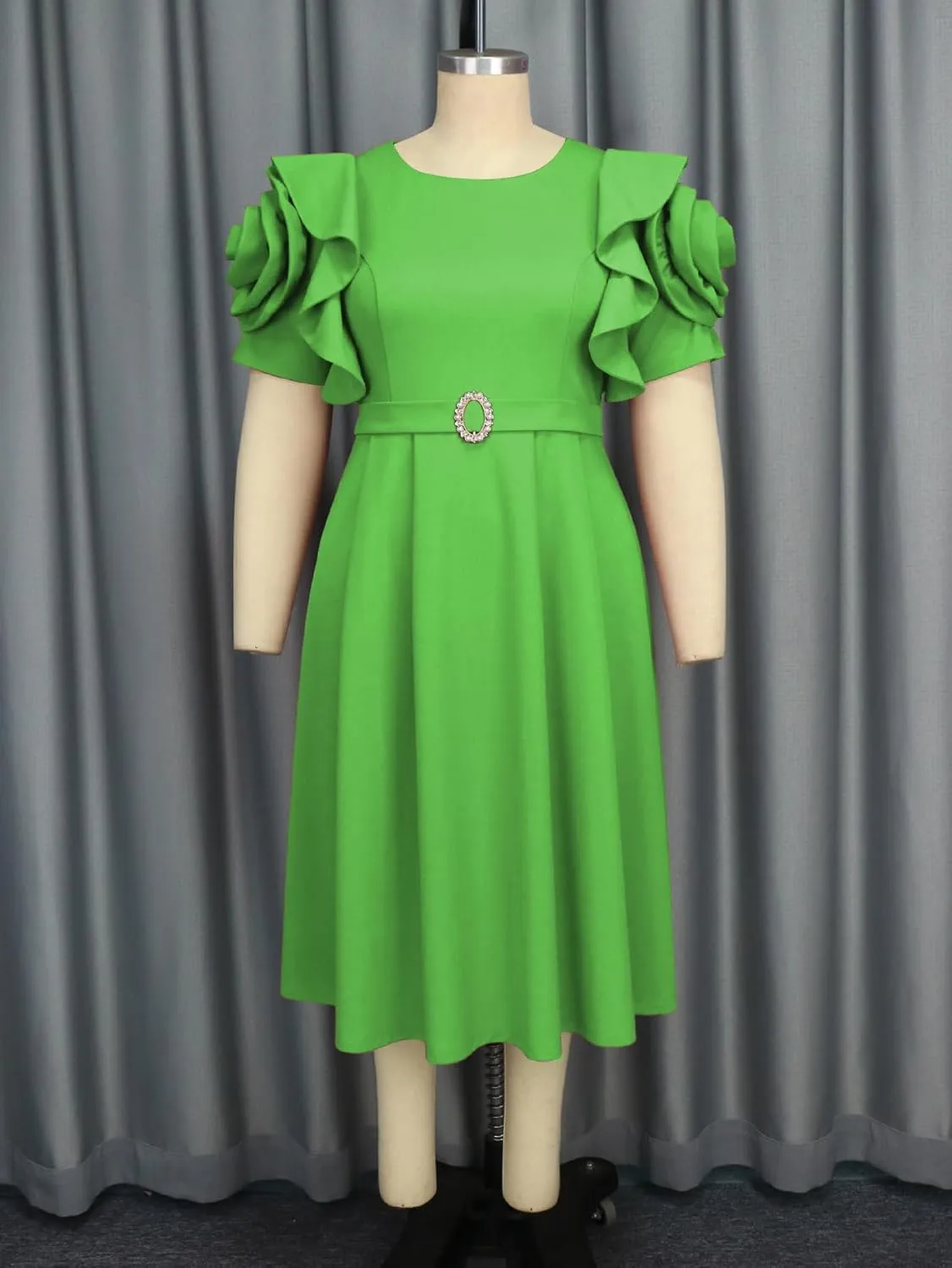 AOMEI Women's Summer Round Neck Short Sleeve with Flower Beaded Belted A Line Midi Dress