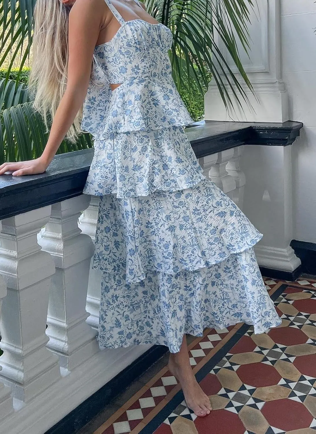 Argeousgor Womens Floral Print Maxi Dresses Tiered Ruffles Long Dress Spaghetti Strap Sleeveless Flowy Layered Sundress