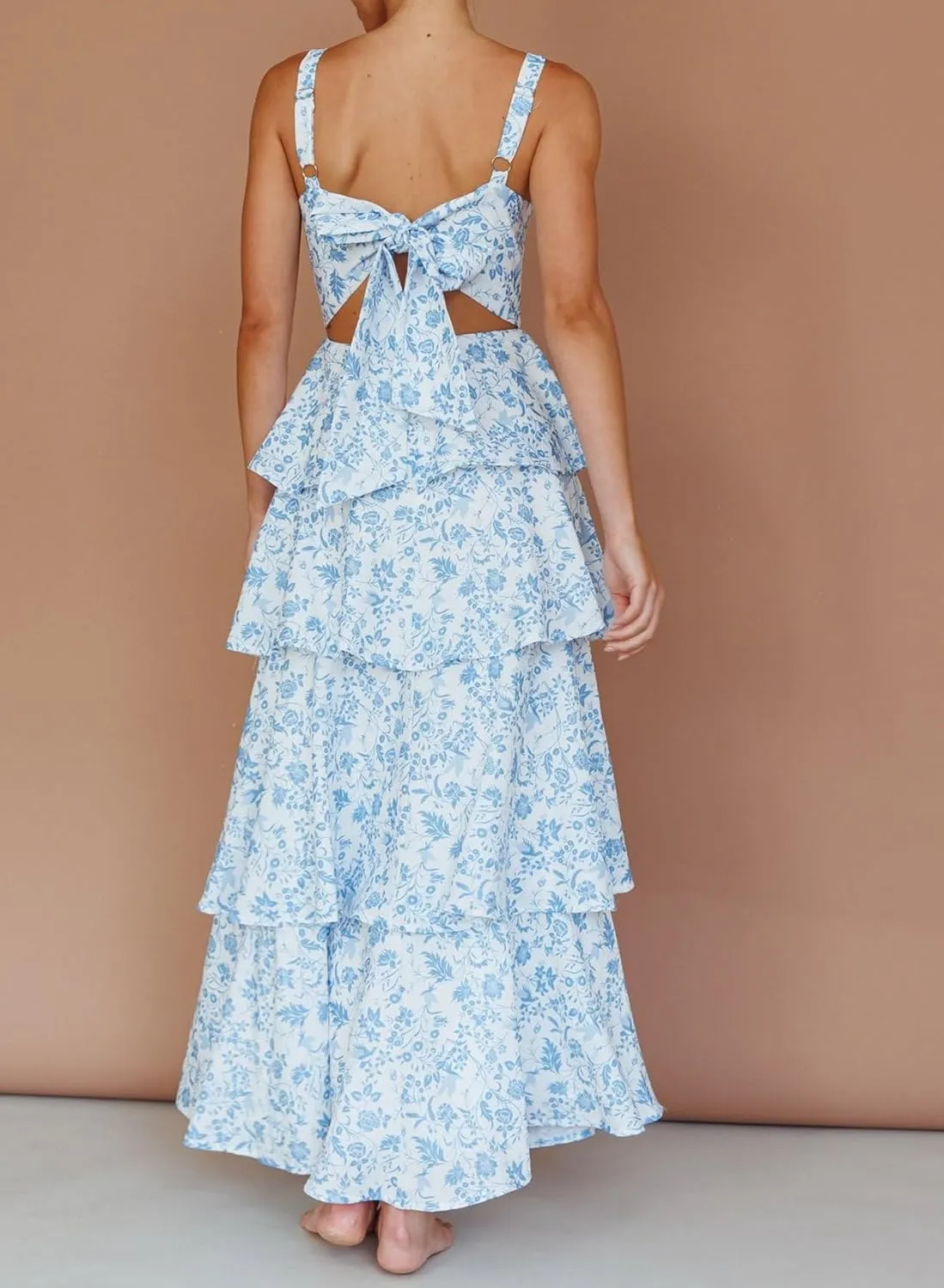 Argeousgor Womens Floral Print Maxi Dresses Tiered Ruffles Long Dress Spaghetti Strap Sleeveless Flowy Layered Sundress