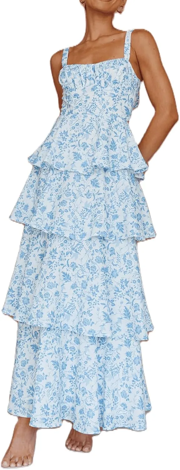 Argeousgor Womens Floral Print Maxi Dresses Tiered Ruffles Long Dress Spaghetti Strap Sleeveless Flowy Layered Sundress