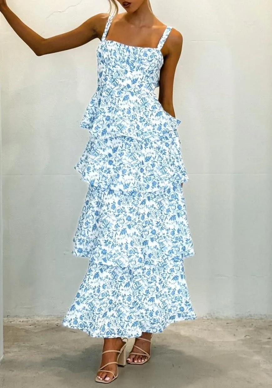 Argeousgor Womens Floral Print Maxi Dresses Tiered Ruffles Long Dress Spaghetti Strap Sleeveless Flowy Layered Sundress
