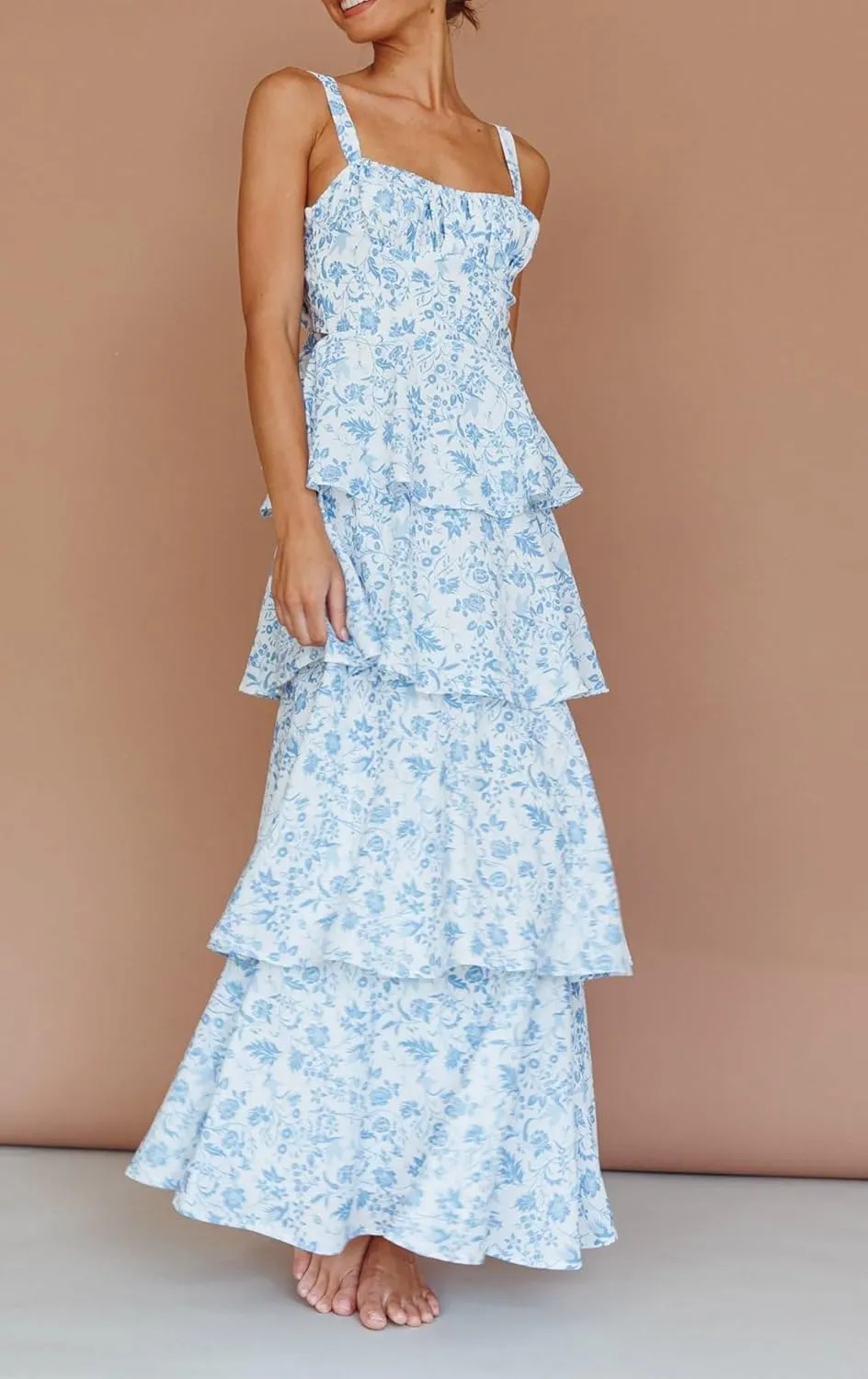 Argeousgor Womens Floral Print Maxi Dresses Tiered Ruffles Long Dress Spaghetti Strap Sleeveless Flowy Layered Sundress