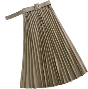 Autumn Winter Women Pleated Skirt Casual Solid All-Match A Line High Waist Midi Long Skirt Female with Belt