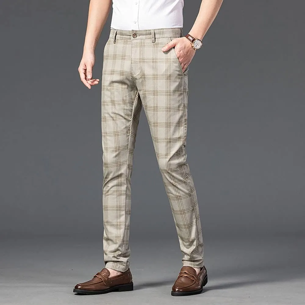 Banana Bucket Mens Casual Fashion Slim Fit Stretch Flat-Front Skinny Dress Pants Plaid with Pockets