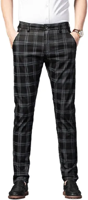 Banana Bucket Mens Casual Fashion Slim Fit Stretch Flat-Front Skinny Dress Pants Plaid with Pockets