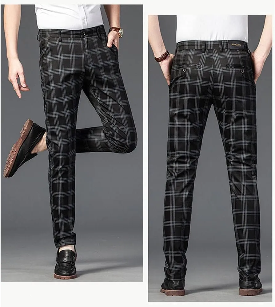 Banana Bucket Mens Casual Fashion Slim Fit Stretch Flat-Front Skinny Dress Pants Plaid with Pockets