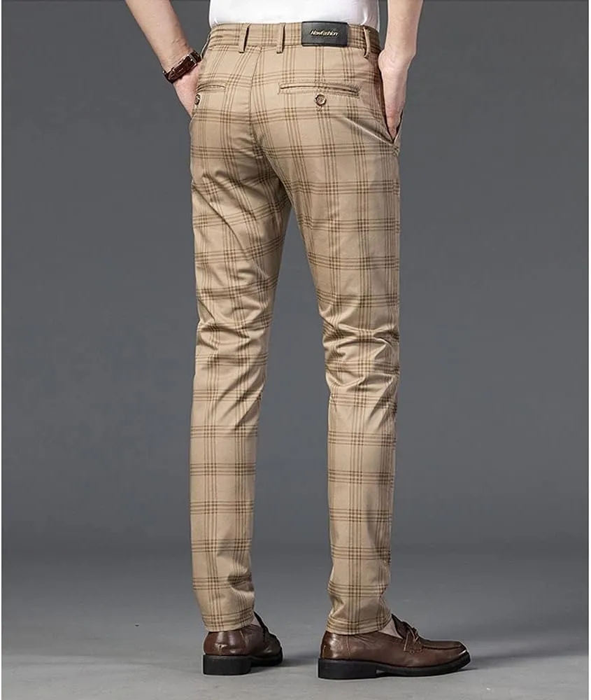 Banana Bucket Mens Casual Fashion Slim Fit Stretch Flat-Front Skinny Dress Pants Plaid with Pockets