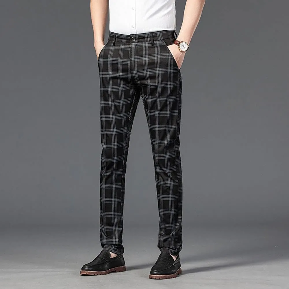 Banana Bucket Mens Casual Fashion Slim Fit Stretch Flat-Front Skinny Dress Pants Plaid with Pockets