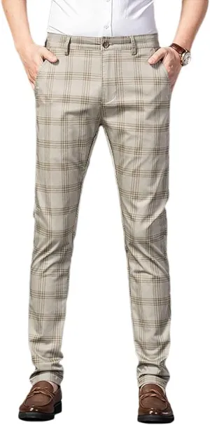 Banana Bucket Mens Casual Fashion Slim Fit Stretch Flat-Front Skinny Dress Pants Plaid with Pockets