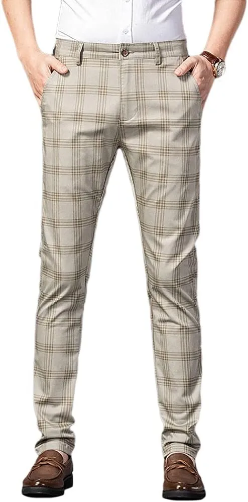 Banana Bucket Mens Casual Fashion Slim Fit Stretch Flat-Front Skinny Dress Pants Plaid with Pockets