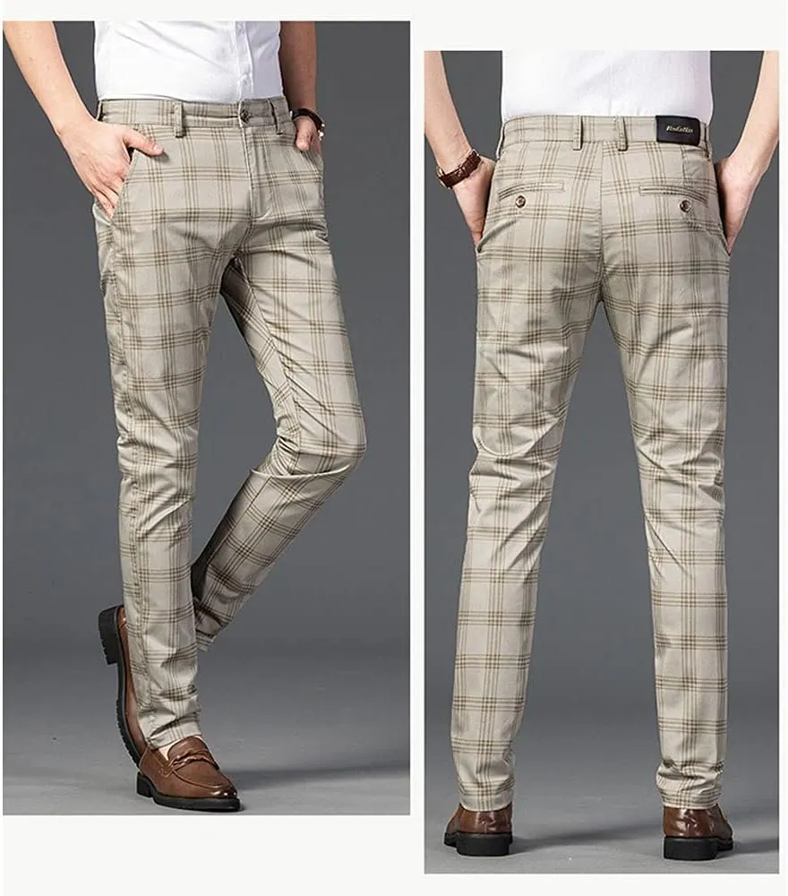 Banana Bucket Mens Casual Fashion Slim Fit Stretch Flat-Front Skinny Dress Pants Plaid with Pockets