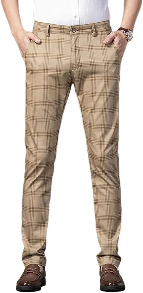 Banana Bucket Mens Casual Fashion Slim Fit Stretch Flat-Front Skinny Dress Pants Plaid with Pockets