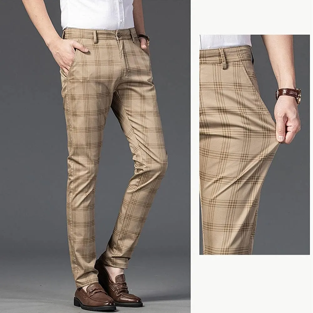 Banana Bucket Mens Casual Fashion Slim Fit Stretch Flat-Front Skinny Dress Pants Plaid with Pockets