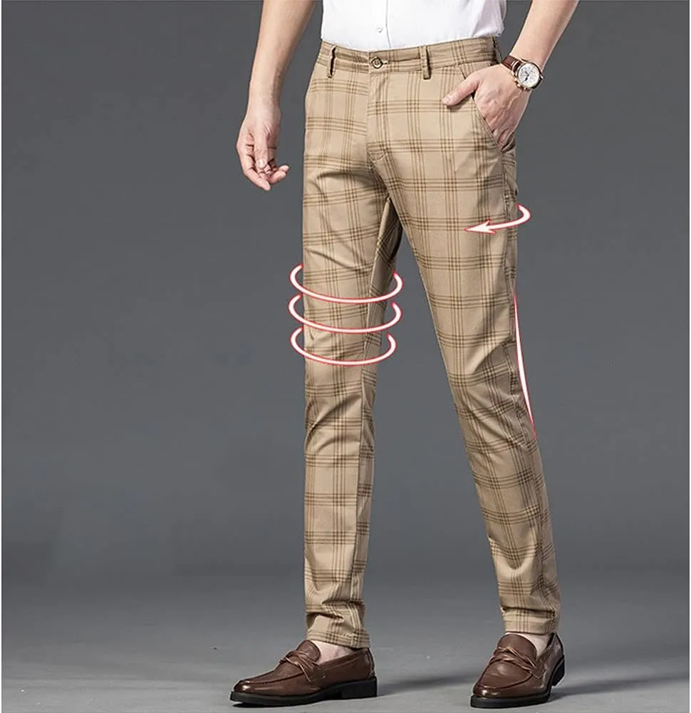 Banana Bucket Mens Casual Fashion Slim Fit Stretch Flat-Front Skinny Dress Pants Plaid with Pockets