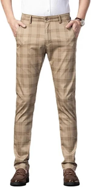 Banana Bucket Mens Casual Fashion Slim Fit Stretch Flat-Front Skinny Dress Pants Plaid with Pockets