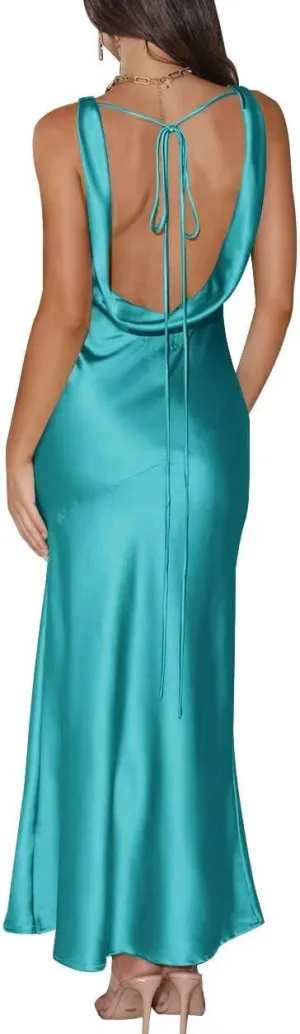 Basgute Women's Satin Wedding Guest Dress Long V Neck Backless Maxi Bridesmaid Dresses Tie Back Formal Cocktail Gown