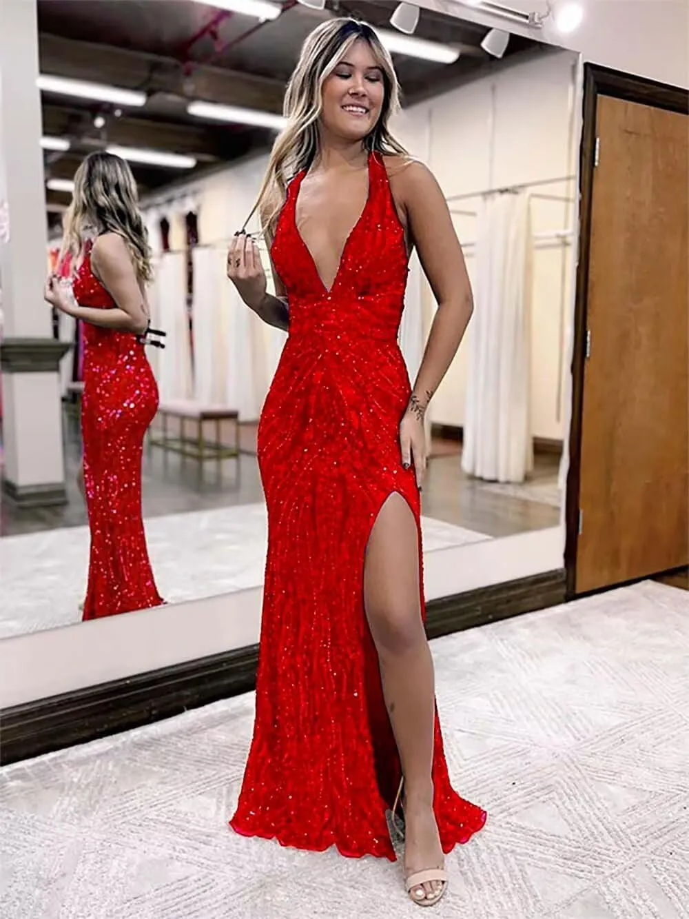 Beaded Evening Gown Deep V-Neck Mermaid Prom Dresses High Split Halter Formal Dress Sleeveless Bodycon Trumpet JS0011
