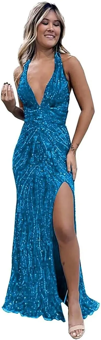 Beaded Evening Gown Deep V-Neck Mermaid Prom Dresses High Split Halter Formal Dress Sleeveless Bodycon Trumpet JS0011