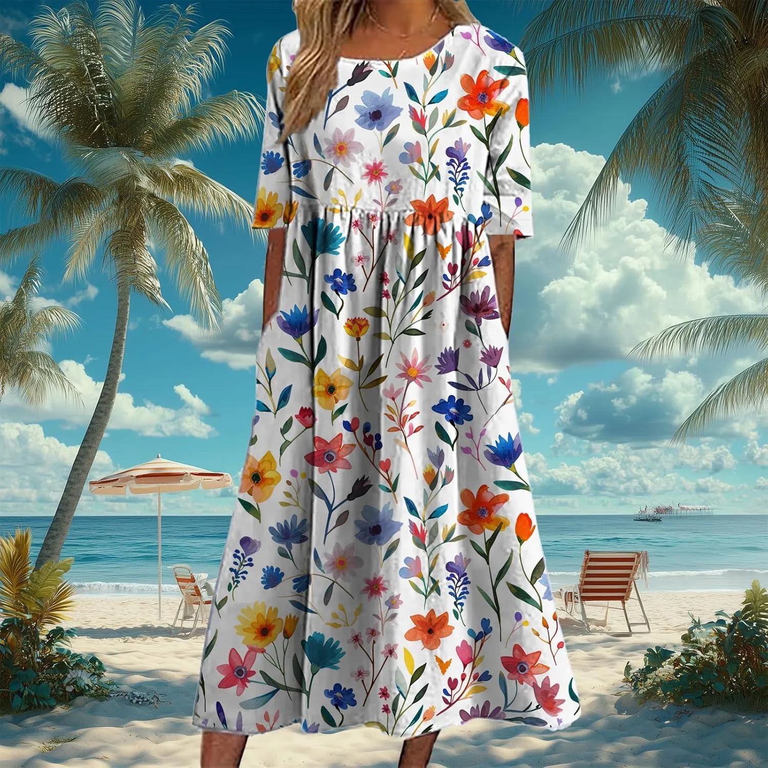 Bengbobar Women's Boho Floral Maxi Dress Casual Vacation Flowy Cotton Linen Short Sleeve Summer Tshirt Dresses with Pockets