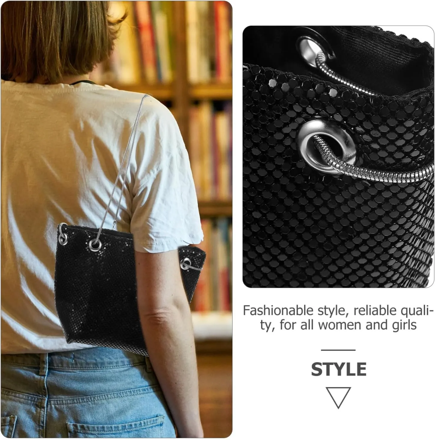 BESTYASH Small Sequin Bucket Bag Mini Crossbody Chain Shoulder Bag (Blue)