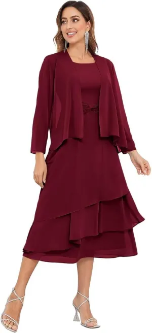 BOLENSYE Women's 2 Pieces Mother of The Bride Dresses for Wedding with Jacket Tea Length Formal Evening Party Gown
