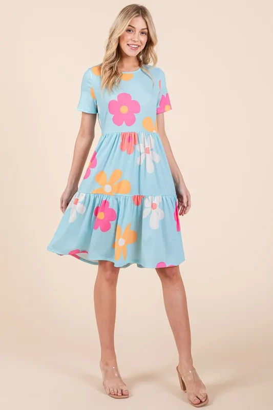 BOMBOM Floral Round Neck Short Sleeve Tiered Dress