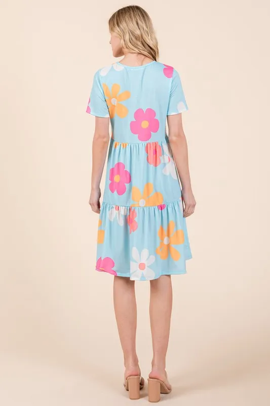 BOMBOM Floral Round Neck Short Sleeve Tiered Dress