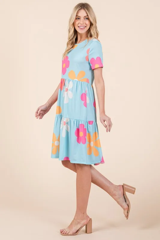BOMBOM Floral Round Neck Short Sleeve Tiered Dress