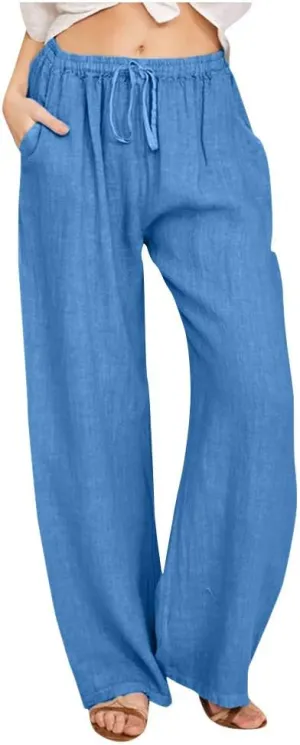 Borniu Women's Cotton Linen Pants Summer High Waisted Palazzo Pants Wide Leg Drawstring Elastic Waist Loose Comfy Trousers