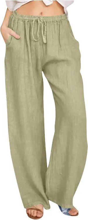 Borniu Women's Cotton Linen Pants Summer High Waisted Palazzo Pants Wide Leg Drawstring Elastic Waist Loose Comfy Trousers
