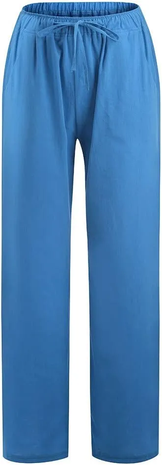 Borniu Women's Cotton Linen Pants Summer High Waisted Palazzo Pants Wide Leg Drawstring Elastic Waist Loose Comfy Trousers