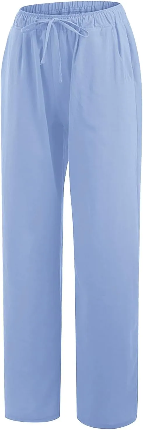 Borniu Women's Cotton Linen Pants Summer High Waisted Palazzo Pants Wide Leg Drawstring Elastic Waist Loose Comfy Trousers