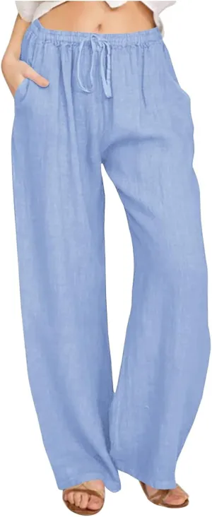 Borniu Women's Cotton Linen Pants Summer High Waisted Palazzo Pants Wide Leg Drawstring Elastic Waist Loose Comfy Trousers