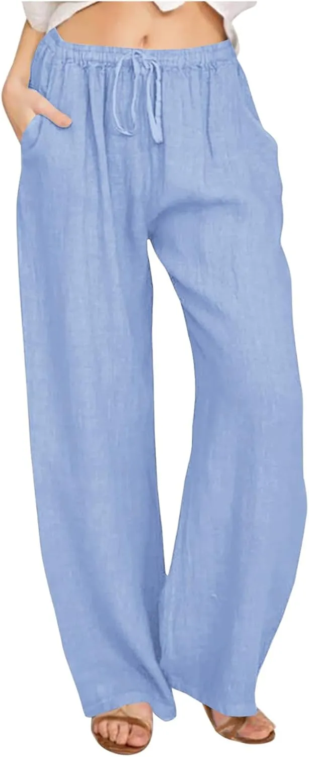 Borniu Women's Cotton Linen Pants Summer High Waisted Palazzo Pants Wide Leg Drawstring Elastic Waist Loose Comfy Trousers