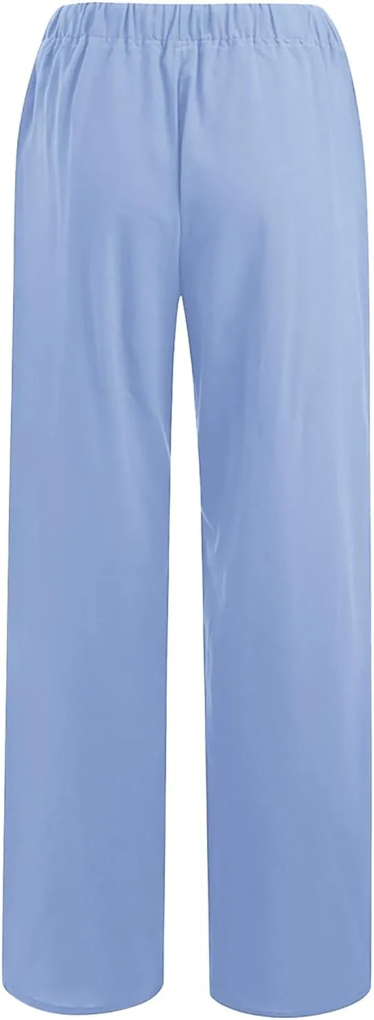 Borniu Women's Cotton Linen Pants Summer High Waisted Palazzo Pants Wide Leg Drawstring Elastic Waist Loose Comfy Trousers