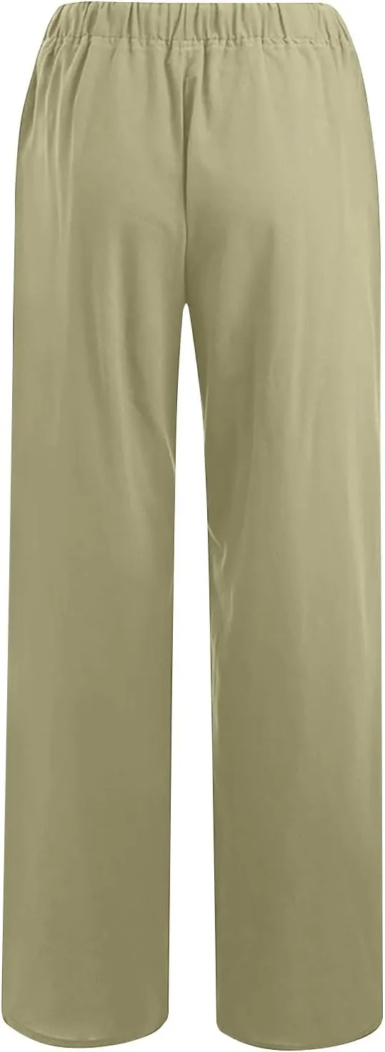 Borniu Women's Cotton Linen Pants Summer High Waisted Palazzo Pants Wide Leg Drawstring Elastic Waist Loose Comfy Trousers