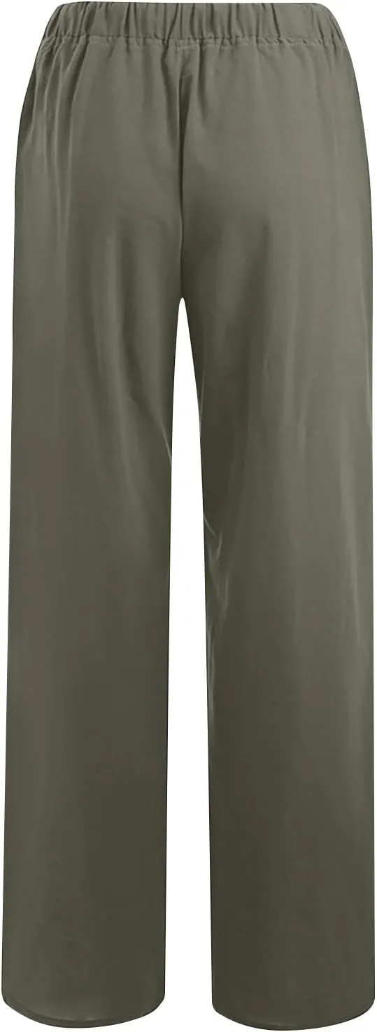 Borniu Women's Cotton Linen Pants Summer High Waisted Palazzo Pants Wide Leg Drawstring Elastic Waist Loose Comfy Trousers