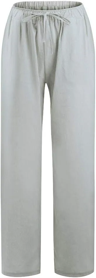 Borniu Women's Cotton Linen Pants Summer High Waisted Palazzo Pants Wide Leg Drawstring Elastic Waist Loose Comfy Trousers