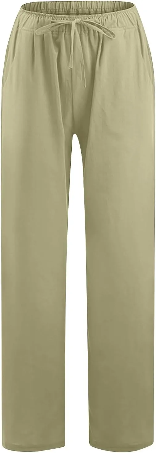 Borniu Women's Cotton Linen Pants Summer High Waisted Palazzo Pants Wide Leg Drawstring Elastic Waist Loose Comfy Trousers