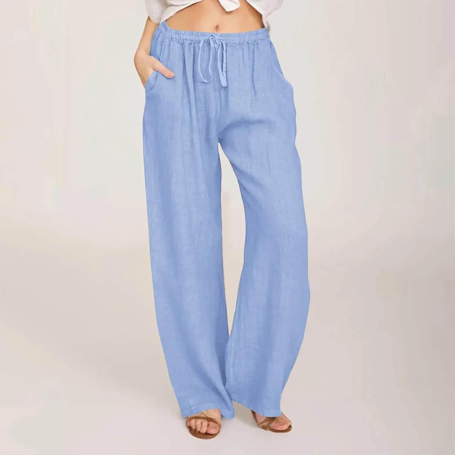 Borniu Women's Cotton Linen Pants Summer High Waisted Palazzo Pants Wide Leg Drawstring Elastic Waist Loose Comfy Trousers
