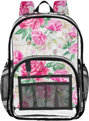Boys Backpacks for Girls Vintage Floral Pink Peonies Beige Travel Clear Bags for Women Plastic School Clear Bookbag