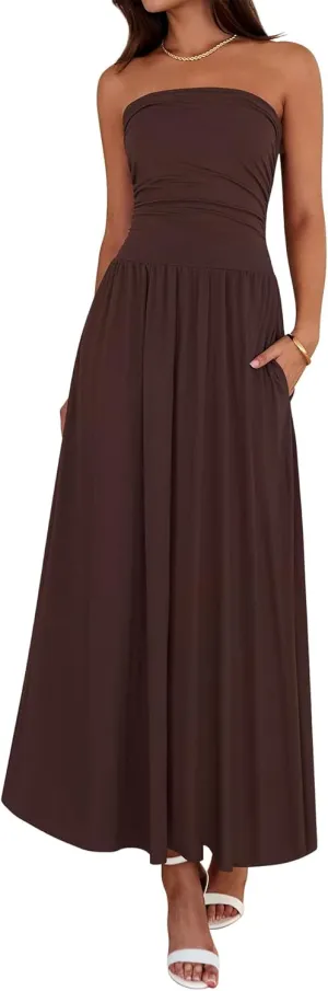 BTFBM Summer Maxi Dresses for Women 2025 Strapless Ruched Tube Top Flowy Beach Vacation Wedding Guest Dress Pockets
